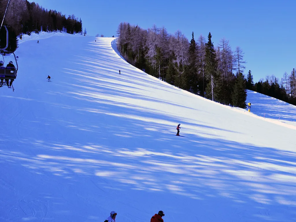 Sonnige Piste am Waldrand mit einzelnen Fahrenden.